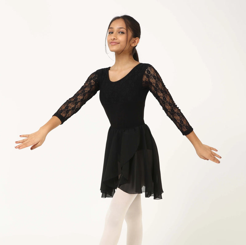 IKAANYA  Combo Black Full Sleeves Lace Leotard with Elastic Skirt