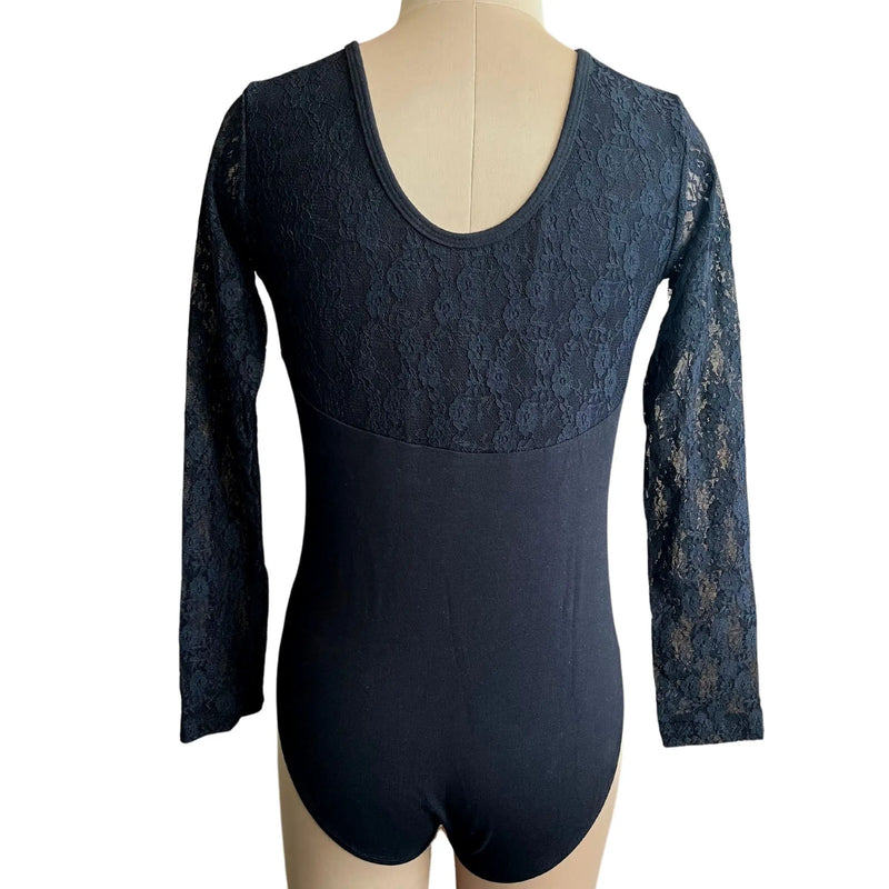 IKAANYA  Combo Black Full Sleeves Lace Leotard with Elastic Skirt