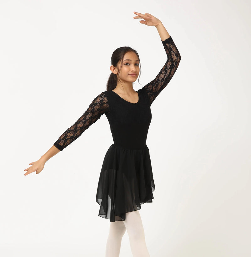 IKAANYA  Combo Black Full Sleeves Lace Leotard with Elastic Skirt