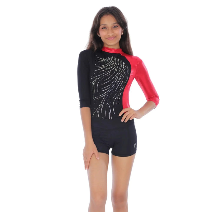 Combo - Dazzle Long Sleeves Color Block Leotard and Matte Shorts - Red