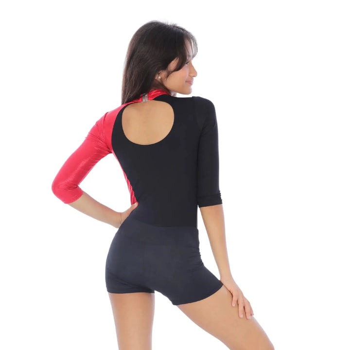 Combo - Dazzle Long Sleeves Color Block Leotard and Matte Shorts - Red