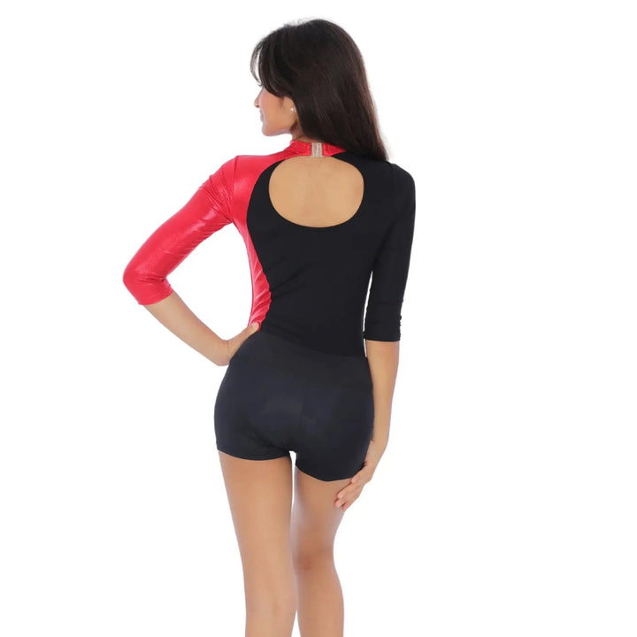 Combo - Dazzle Long Sleeves Color Block Leotard and Matte Shorts - Red