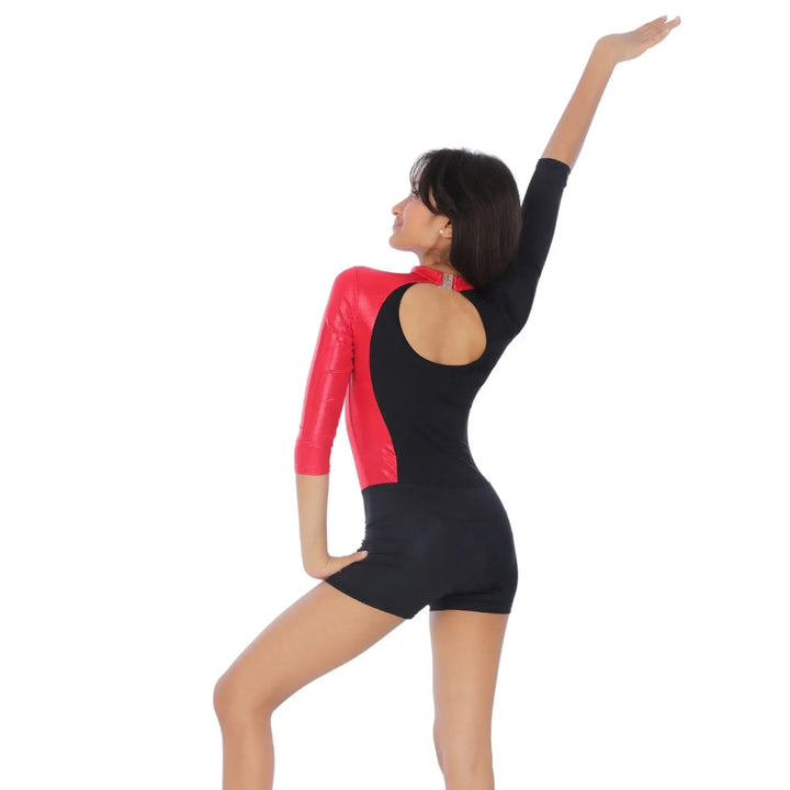 Combo - Dazzle Long Sleeves Color Block Leotard and Matte Shorts - Red
