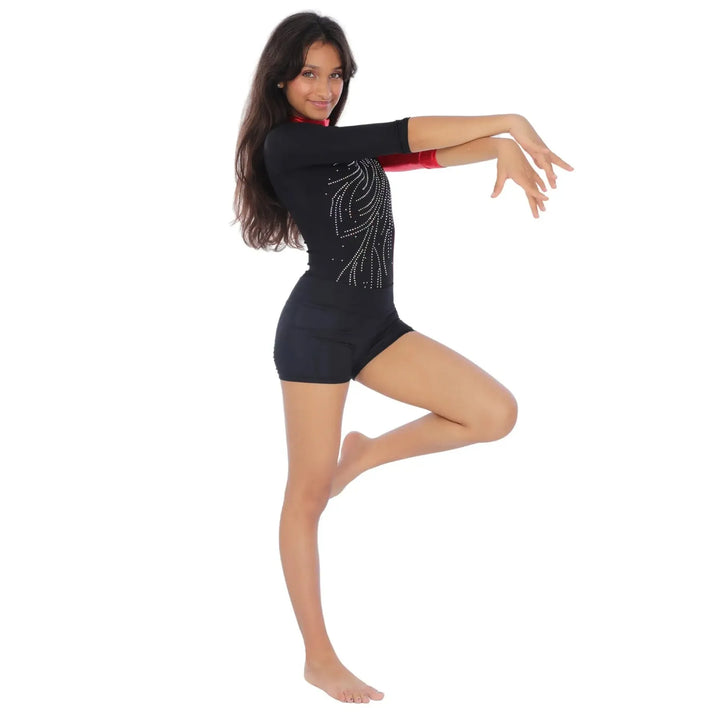 Combo - Dazzle Long Sleeves Color Block Leotard and Matte Shorts - Red