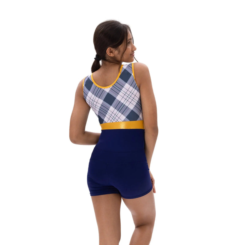 IKAANYA  Combo Navy Plaid Rhinestone Leotard and Shorts