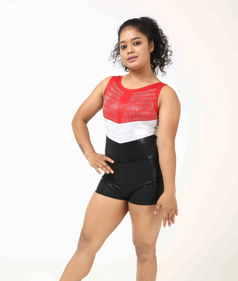 IKAANYA  Combo Red White and Black Rhinestone Leotard Combo