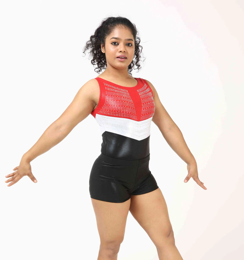 IKAANYA  Combo Red White and Black Rhinestone Leotard Combo