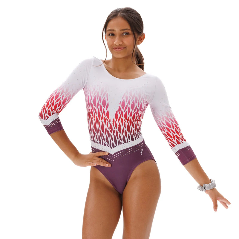 IKAANYA  Leotards Aubergine Ombre Long Sleeves Rhinestone Leotard