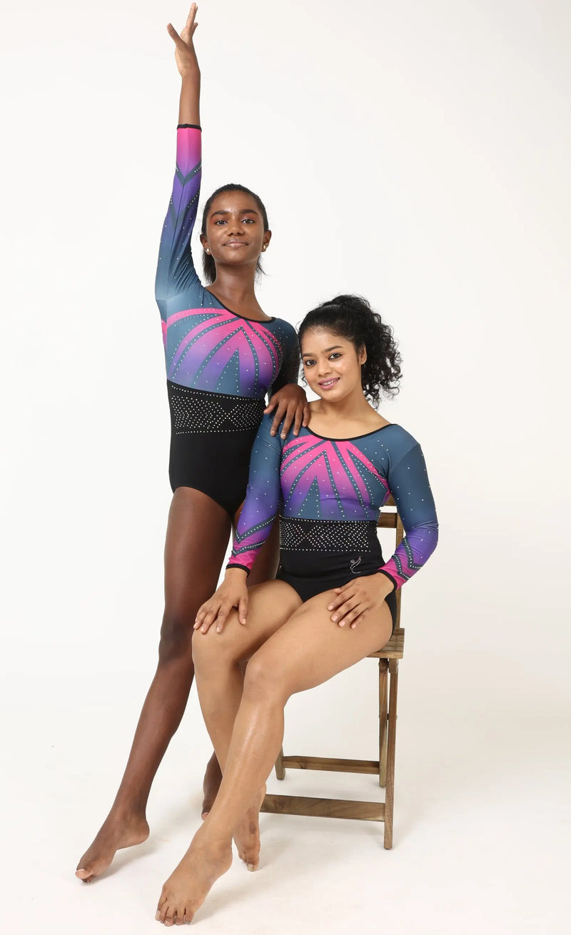 IKAANYA  Leotards Blue Pink Rhinestone Leotard