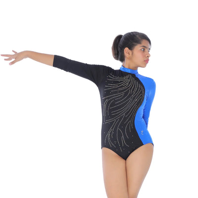 IKAANYA  Leotards Long Sleeve Color Block Rhinestones Leotard