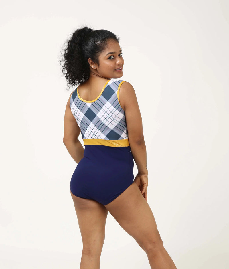 IKAANYA  Leotards Navy Plaid Rhinestone Leotard