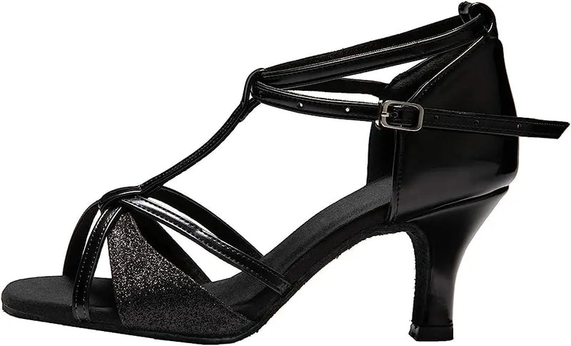 IKAANYA  Shoes Latin Ballroom T-strap Dance Salsa shoes with Glitter Satin