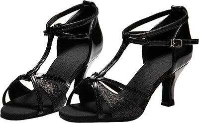 IKAANYA  Shoes Latin Ballroom T-strap Dance Salsa shoes with Glitter Satin