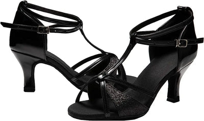 IKAANYA  Shoes Latin Ballroom T-strap Dance Salsa shoes with Glitter Satin