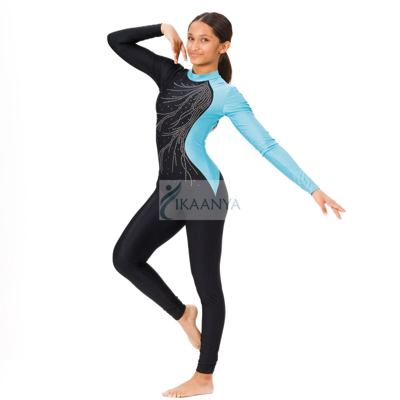IKAANYA  Unitards Color Block Rhinestone Unitard for Gymnastics or Yoga