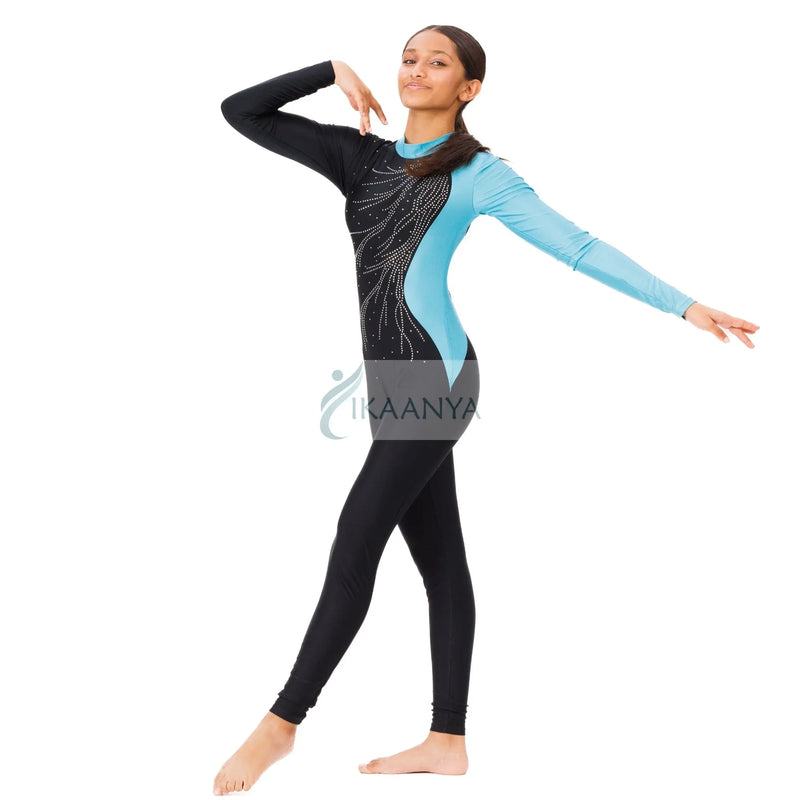 IKAANYA  Unitards Color Block Rhinestone Unitard for Gymnastics or Yoga
