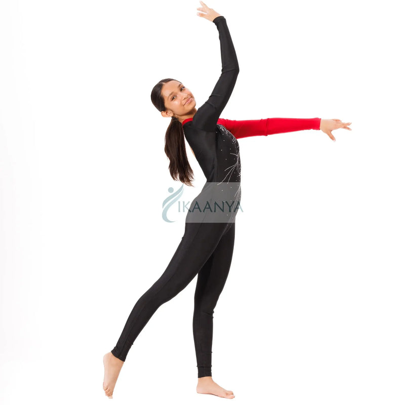 IKAANYA  Unitards Color Block Rhinestone Unitard for Gymnastics or Yoga