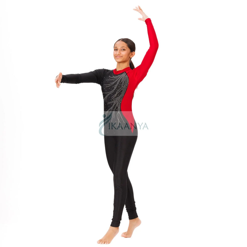 IKAANYA  Unitards Color Block Rhinestone Unitard for Gymnastics or Yoga