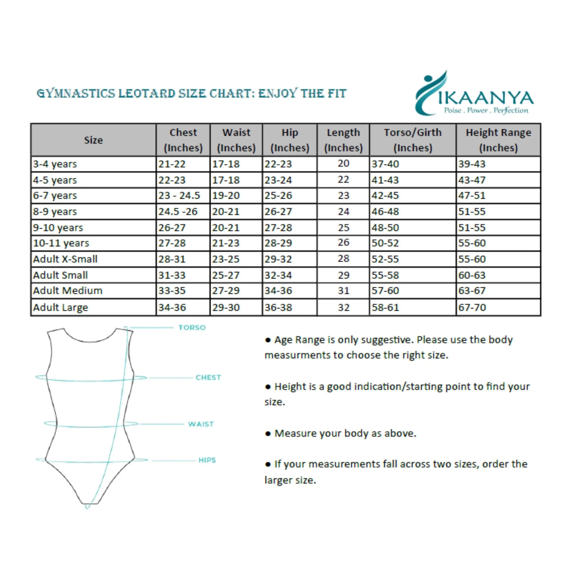 Size chart for GLIMMER | Contrast Rhinestone Leotard