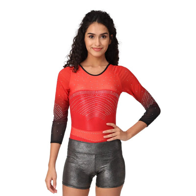 IKAANYA  Combo Red Elegance Long Sleeve Rhinestone Leotard With Metallic Shorts Combo 4999.00