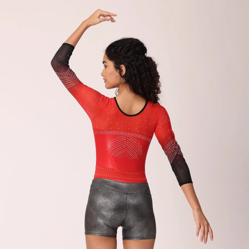 IKAANYA  Combo Red Elegance Long Sleeve Rhinestone Leotard With Metallic Shorts Combo