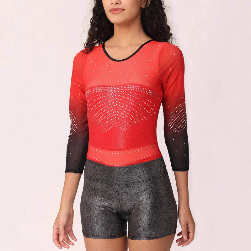 IKAANYA  Combo Red Elegance Long Sleeve Rhinestone Leotard With Metallic Shorts Combo