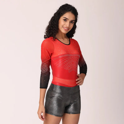 IKAANYA  Combo Red Elegance Long Sleeve Rhinestone Leotard With Metallic Shorts Combo