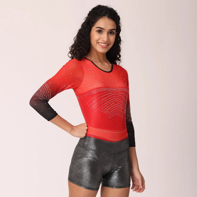 IKAANYA  Combo Red Elegance Long Sleeve Rhinestone Leotard With Metallic Shorts Combo