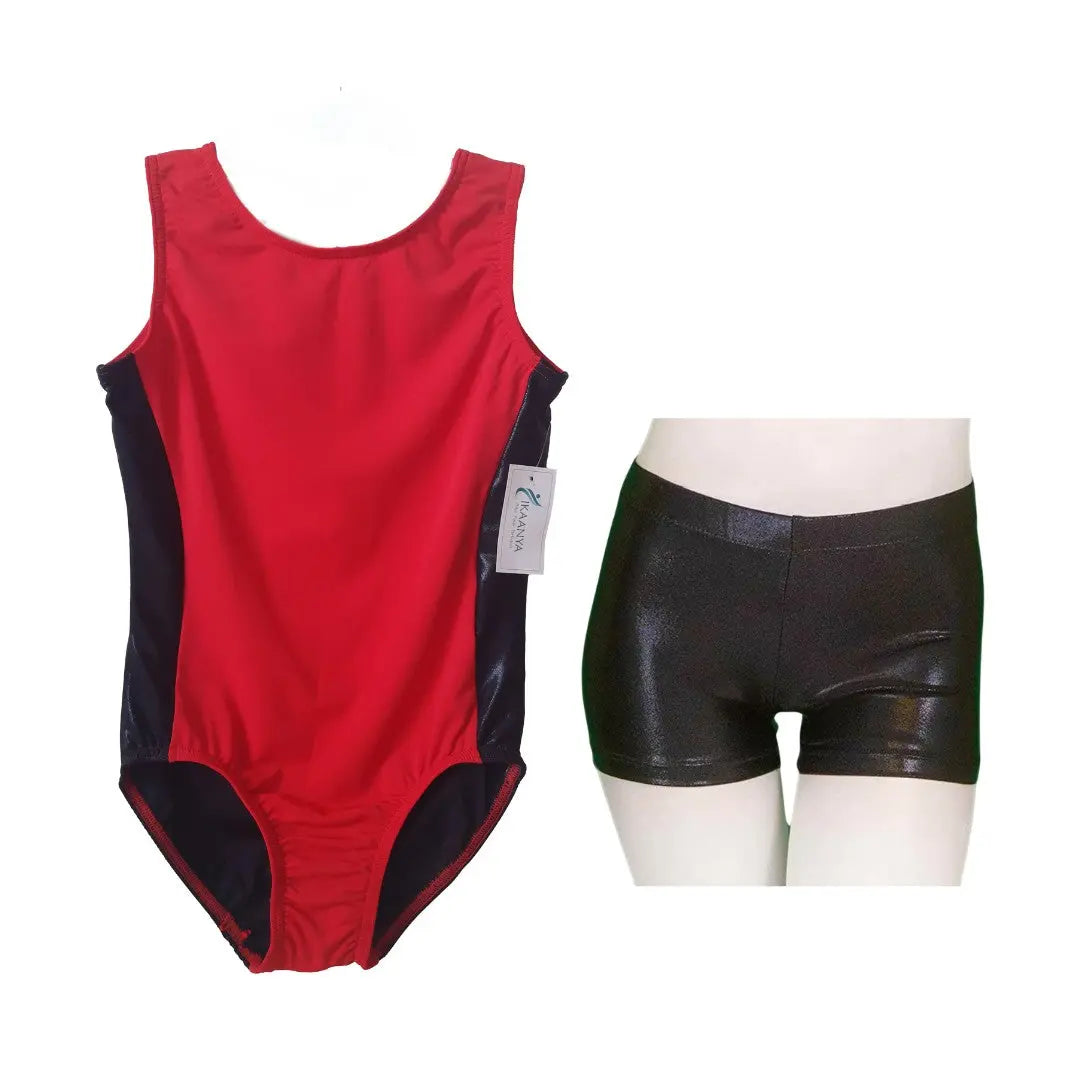 IKAANYA  Combo Red and Black Sleeveless Classic Metallic Color Block Leotard with shorts combo