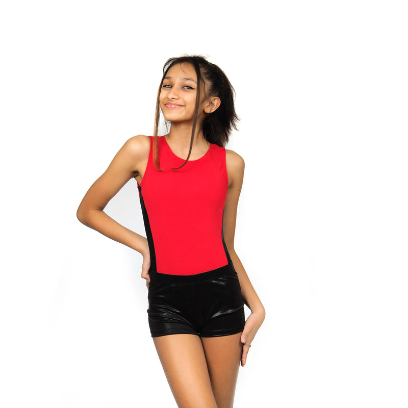 Combo Red and Black Sleeveless Classic Metallic Color Block Leotard with shorts combo IKAANYA 2399.00